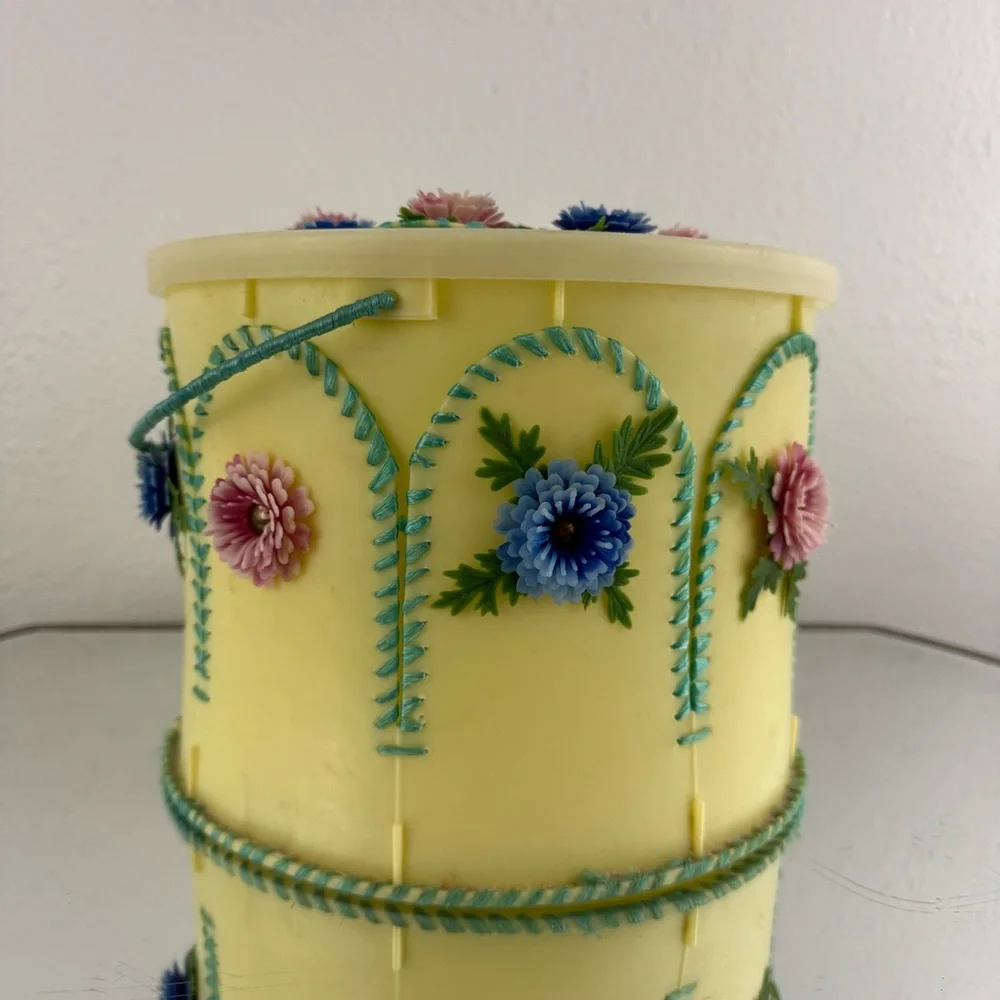 Vintage 70s Handmade Yellow Folk Art Kitschy Floral Ice Cream Bucket Container